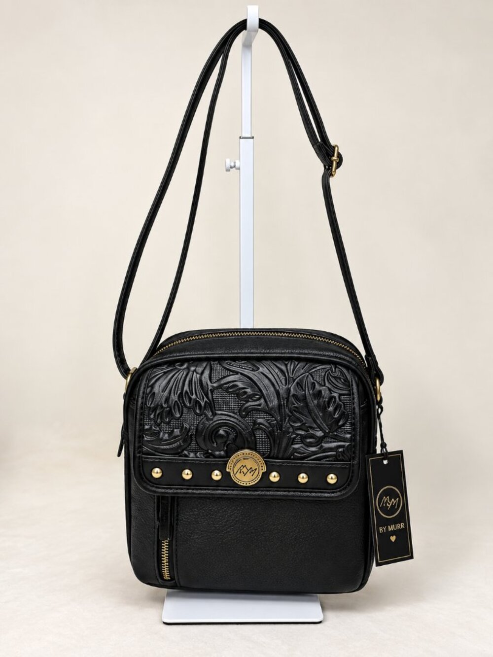 White Mountain Black Embossed Crossbody Bag – 9x9x3